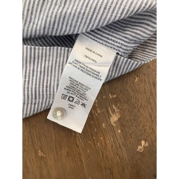 Quince Blue Pinstripe Swing Dress 100% European Linen With Pockets Button Medium - Picture 3 of 11